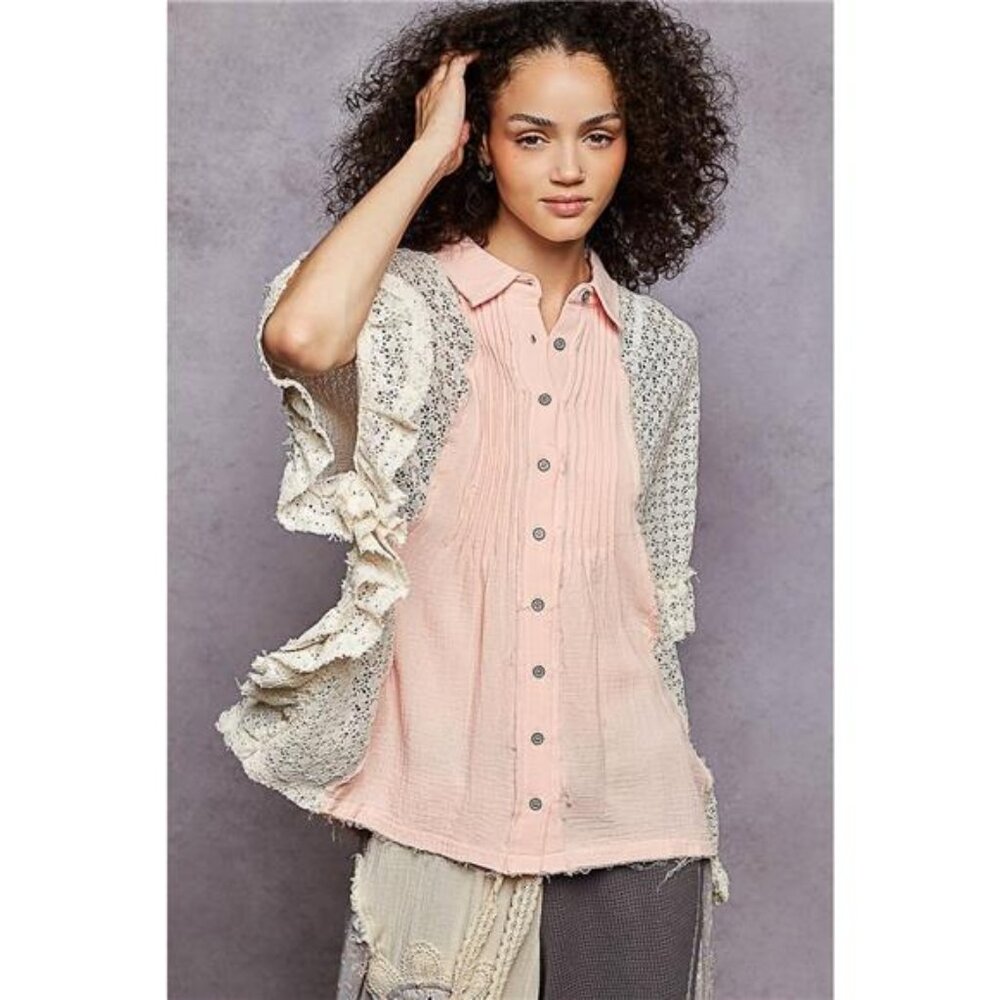 POL Button Down Front Pleated Shirt with Crochet Patch